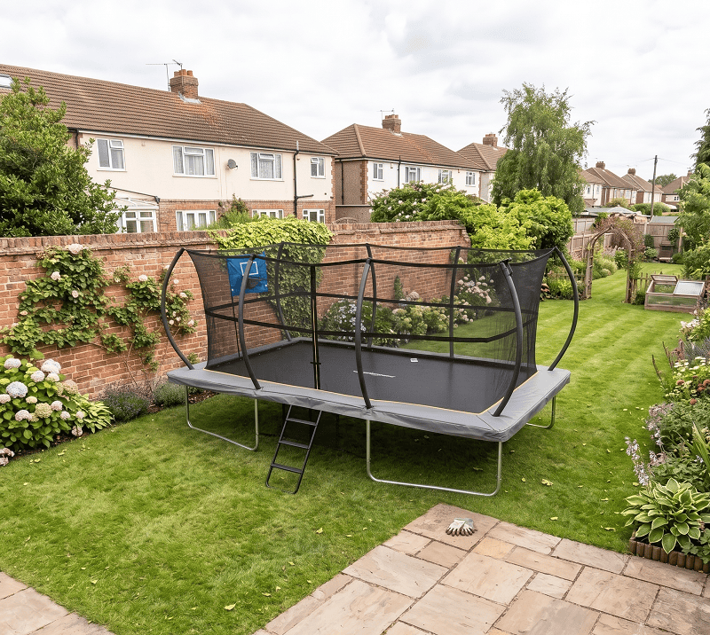 Big Air Super Bounce 9x14ft Rectangular Trampoline with Safety Enclosure Grey - Free Ladder Shoe Tidy Anchor Kit Basketball