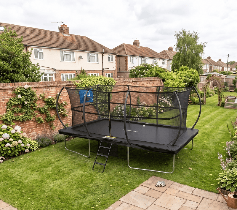 Big Air Super Bounce 9x14ft Rectangular Trampoline with Safety Enclosure Black - Free Ladder Shoe Tidy Anchor Kit Basketball