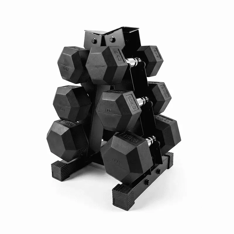Ironman Rubber Coated Hex Dumbbell & 3 Tier Rack Set – 5kg, 10kg & 15kg Pairs