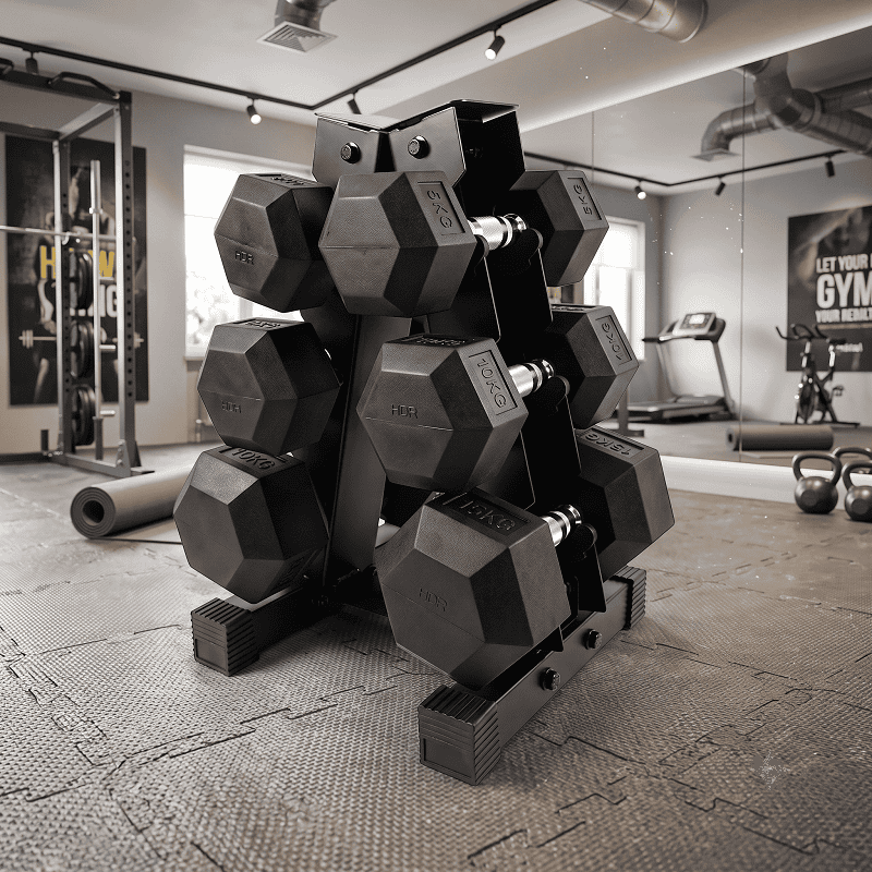 Ironman Rubber Coated Hex Dumbbell & 3 Tier Rack Set – 5kg, 10kg & 15kg Pairs - Image 2