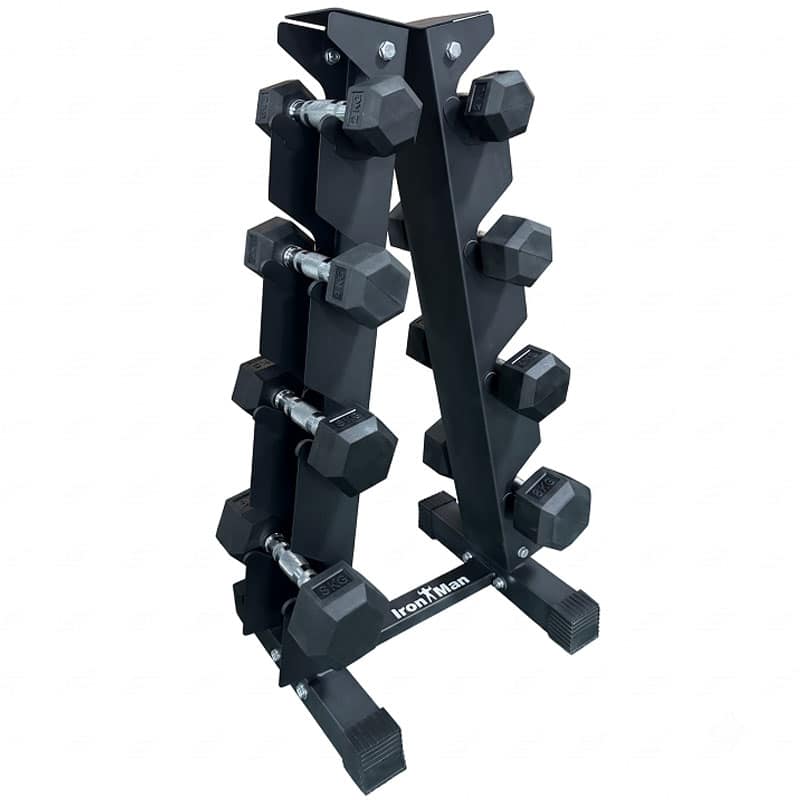 Ironman Rubber Coated Hex Dumbbell & 4 Tier Rack Set – 2.5, 5, 7.5 & 10kg Pairs - Image 2
