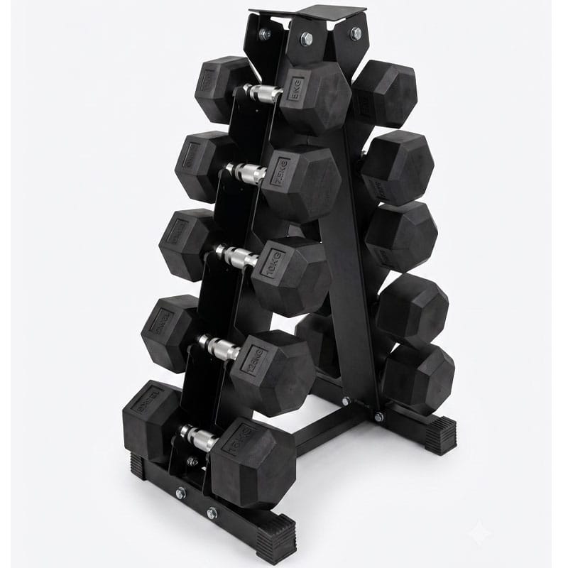 Ironman Rubber Coated Hex Dumbbell & 5 Tier Rack Set - 2.5, 5, 7.5, 10, 12.5kg Pairs - Image 2