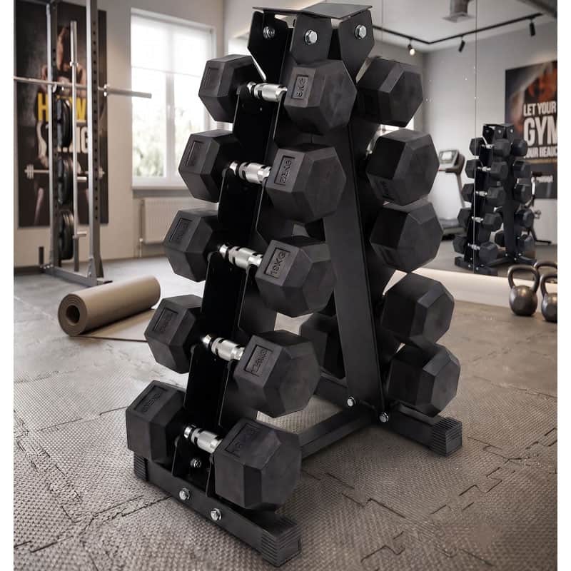 Ironman Rubber Coated Hex Dumbbell & 5 Tier Rack Set - 2.5, 5, 7.5, 10, 12.5kg Pairs