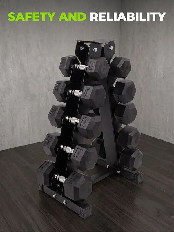 Ironman Rubber Coated Hex Dumbbell & 5 Tier Rack Set - 2.5, 5, 7.5, 10, 12.5kg Pairs - Image 5