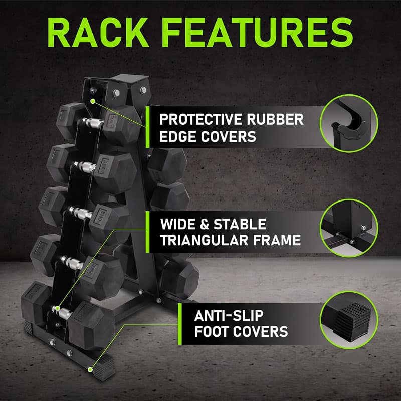 Ironman Rubber Coated Hex Dumbbell & 5 Tier Rack Set - 2.5, 5, 7.5, 10, 12.5kg Pairs - Image 4
