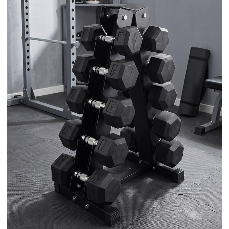 Ironman Rubber Coated Hex Dumbbell & 5 Tier Rack Set - 2.5, 5, 7.5, 10, 12.5kg Pairs - Image 3