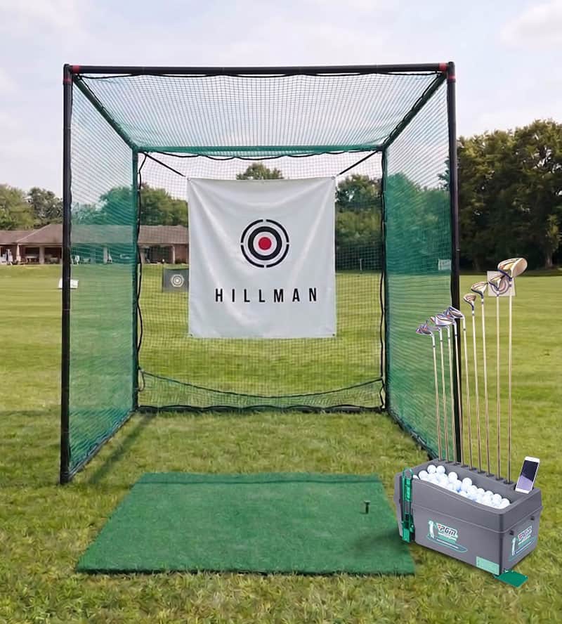 Hillman 3m Powder Coated Golf Practice Cage Hitting Mat with Tee and Ball Dispenser Package