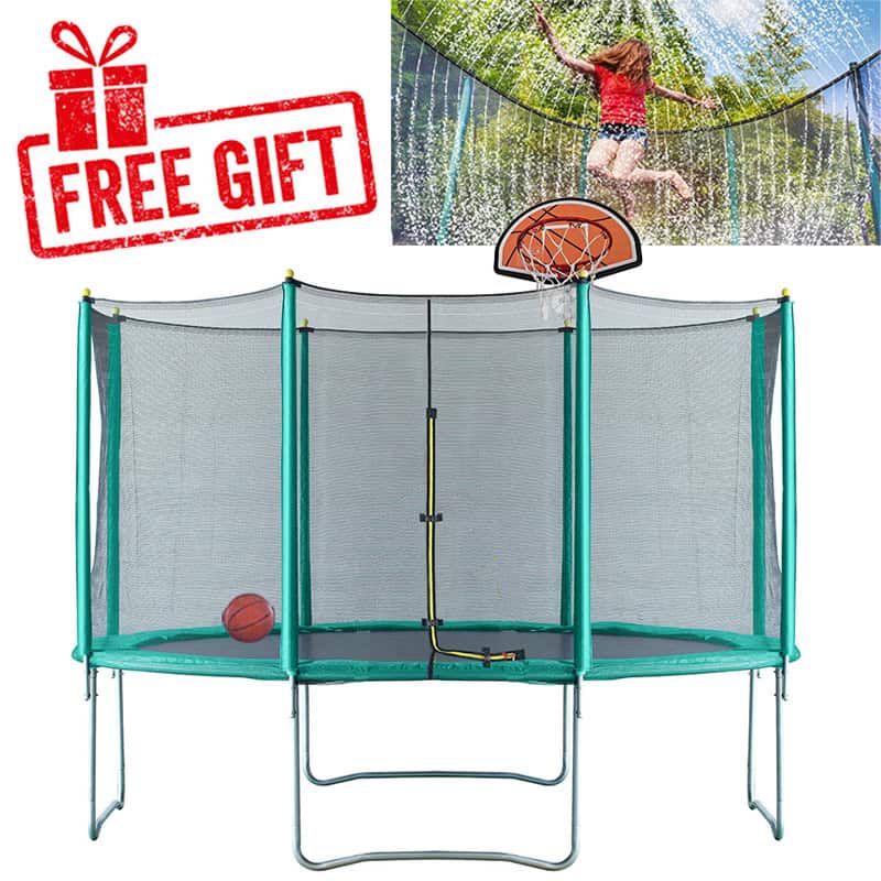 Velocity 14ft Trampoline with Safety Enclosure - Free Basketball & Water Mister - Green