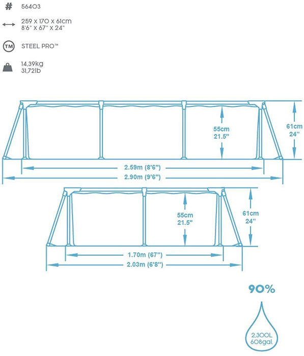 Bestway 8ft 6inch Rectangular Above Ground Steel Pro Swimming Pool