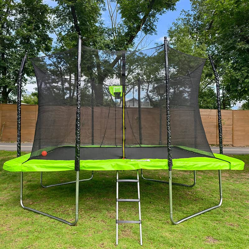 7x11ft Rectangular Trampoline with Safety Enclosure Green FREE Ladder & Basketball Game