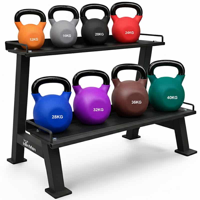IronMan 8 Coated Kettlebells & Two-Tier Kettlebell Storage Rack Set|12kg–40kg Neoprene Coated Kettlebells 