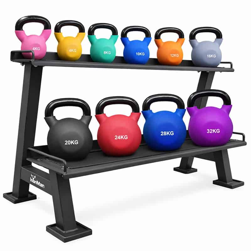 IronMan 10 Coated Kettlebells & Two-Tier Kettlebell Storage Rack Set|4kg – 32kg Neoprene Coated Kettlebells 