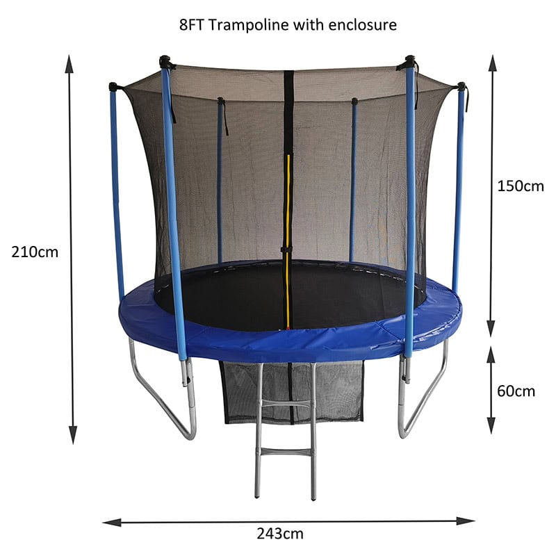 8ft Trampoline & Safety Enclosure Free Shoe Tidy & Ladder – Blue
