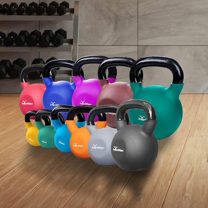 IronMan 4-24kg Kettlebell Set & Three-Tier Kettlebell Storage Rack | Eight Neoprene Coated Kettlebells