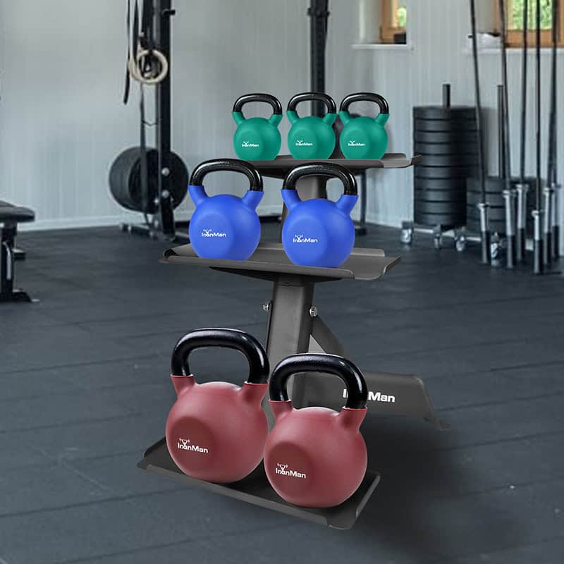 IronMan 4-24kg Kettlebell Set & Three-Tier Kettlebell Storage Rack | Eight Neoprene Coated Kettlebells