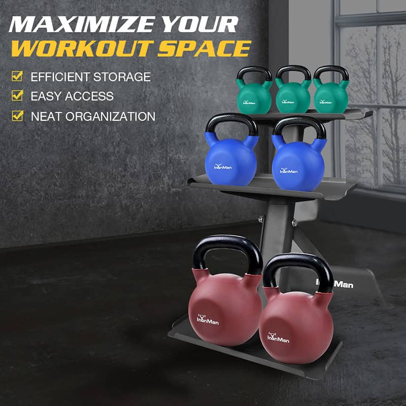 IronMan 4-24kg Kettlebell Set & Three-Tier Kettlebell Storage Rack | Eight Neoprene Coated Kettlebells