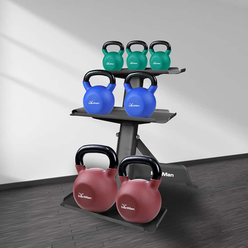 IronMan 4-24kg Kettlebell Set & Three-Tier Kettlebell Storage Rack | Eight Neoprene Coated Kettlebells
