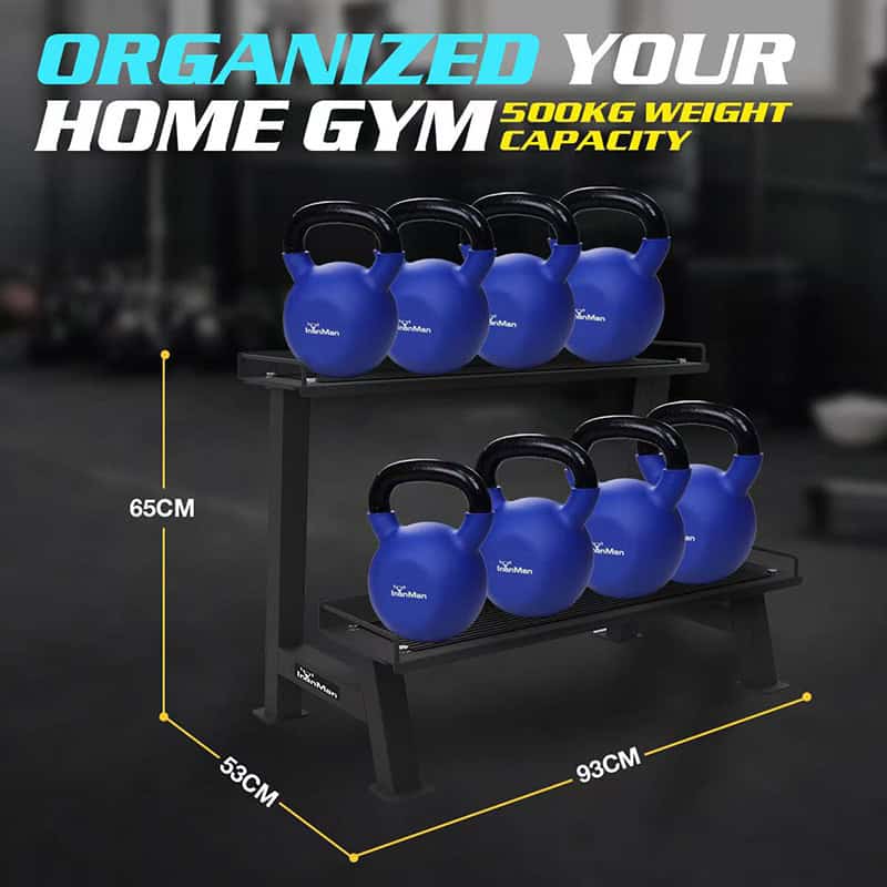 IronMan 10 Coated Kettlebells & Two-Tier Kettlebell Storage Rack Set|4kg – 32kg Neoprene Coated Kettlebells
