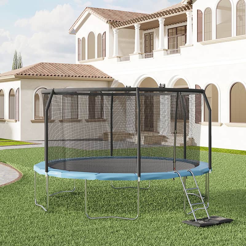 12ft Trampoline with Safety Enclosure Free Ladder Floor Mat & Socks – Black / Blue