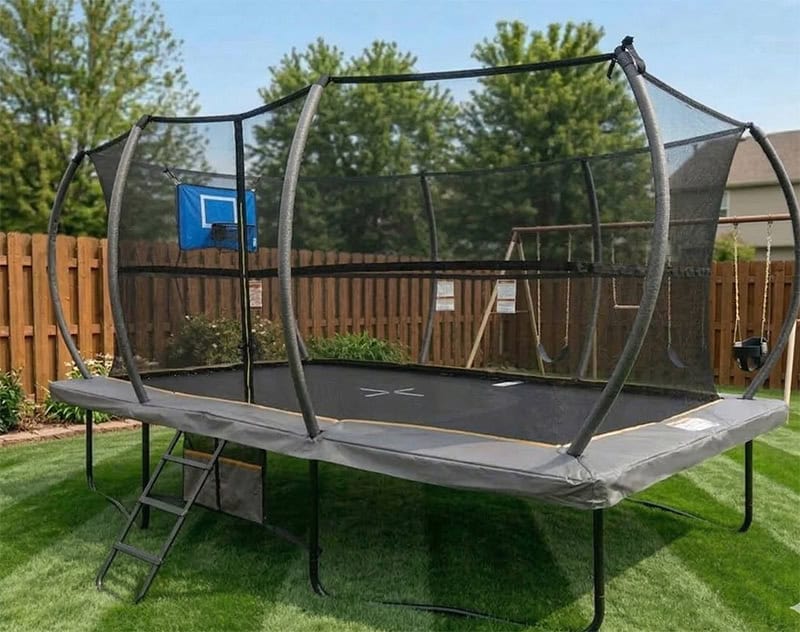 Big Air Super Bounce 8x12ft Rectangular Powder Coated Trampoline with Safety Enclosure Grey - Free Ladder Shoe Tidy Anchor Kit Basketball