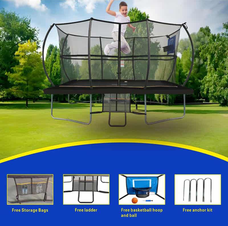 7x10ft Rectangular Trampoline with Safety Enclosure Black - Free Ladder Shoe Tidy Anchor Kit Basketball