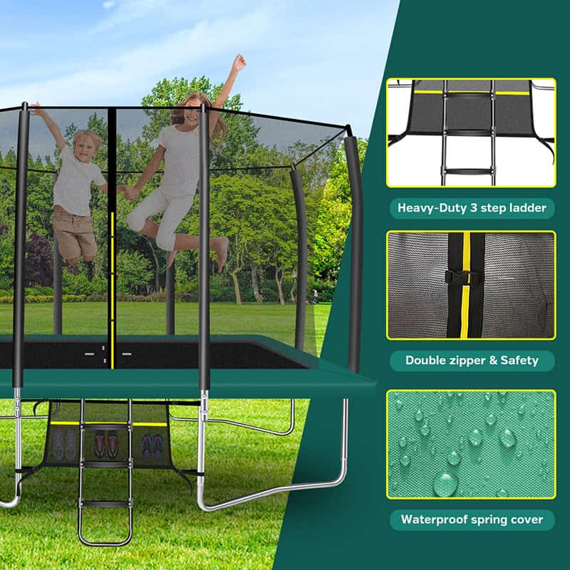 8x12ft Rectangular Trampoline with Safety Enclosure Green – Free Ladder & Shoe Tidy