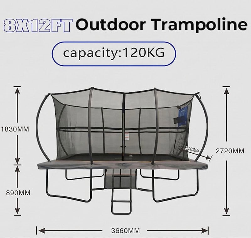 Big Air Super Bounce 8x12ft Rectangular Powder Coated Trampoline with Safety Enclosure Grey - Free Ladder Shoe Tidy Anchor Kit Basketball