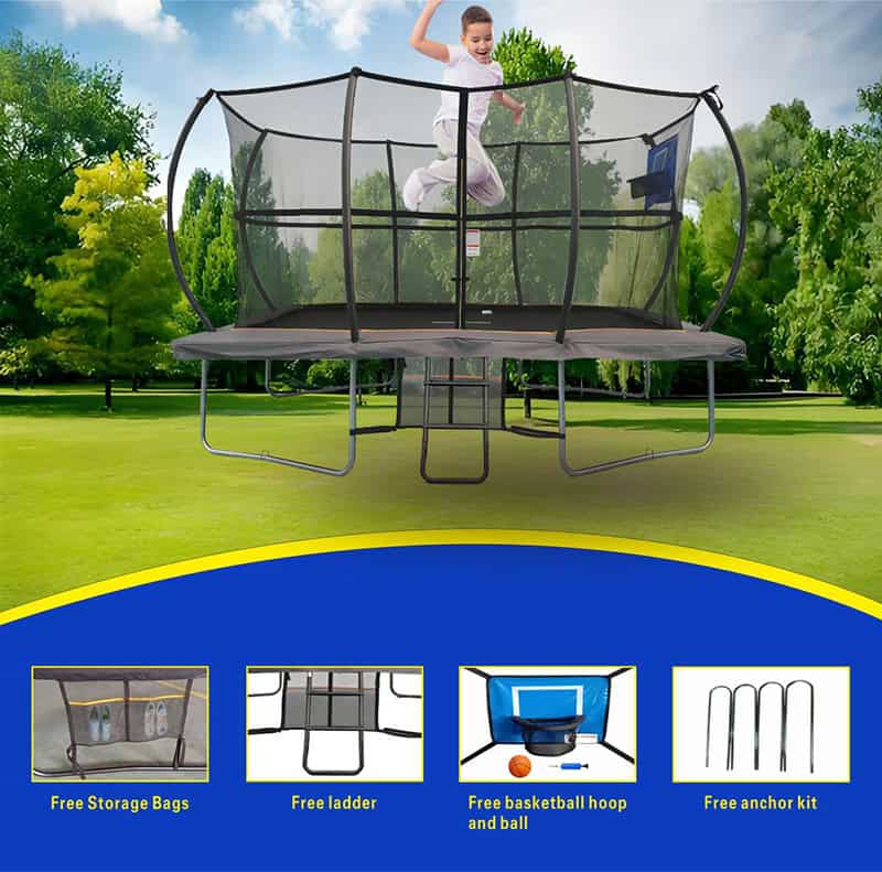 5x7ft Rectangular Trampoline with Safety Enclosure Grey - Free Ladder Shoe Tidy Anchor Kit Basketball
