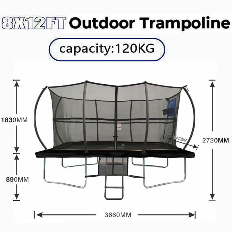 8x12ft Rectangular Trampoline with Safety Enclosure Black - Free Ladder Shoe Tidy Anchor Kit Basketball