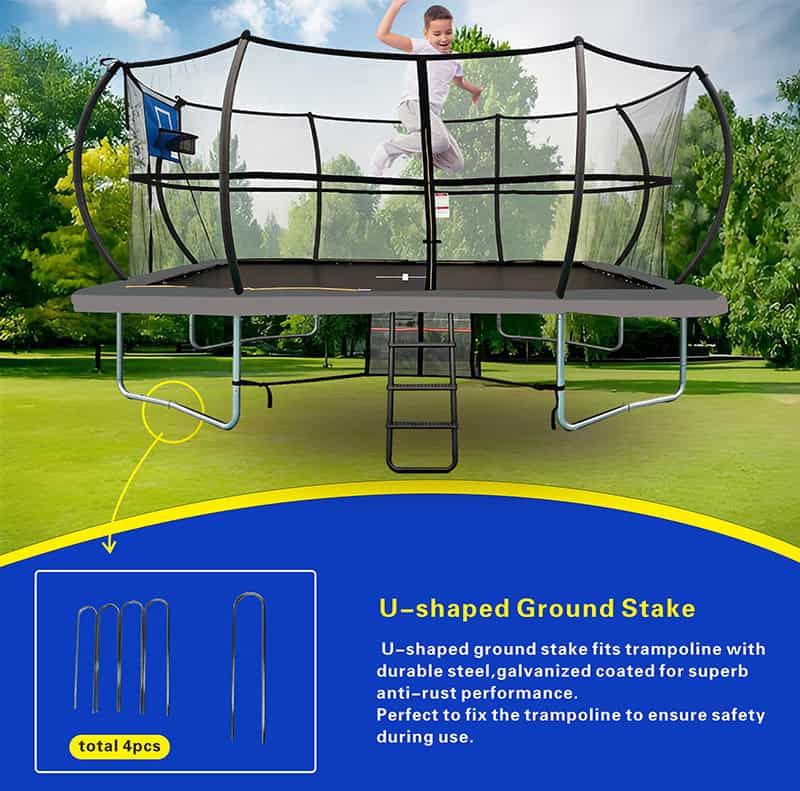 8x12ft Rectangular Trampoline with Safety Enclosure Grey - Free Ladder Shoe Tidy Anchor Kit Basketball
