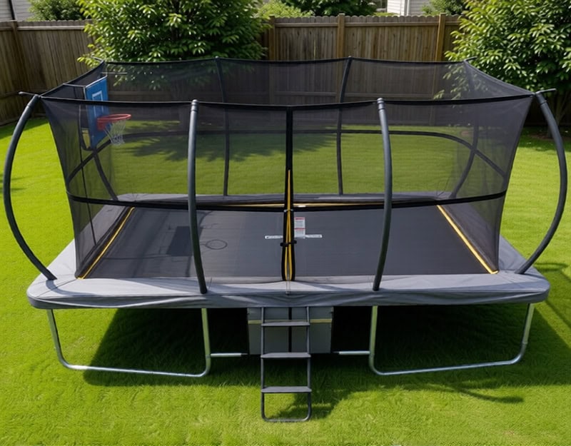 9x14ft Rectangular Trampoline with Safety Enclosure Grey - Free Ladder Shoe Tidy Anchor Kit Basketball