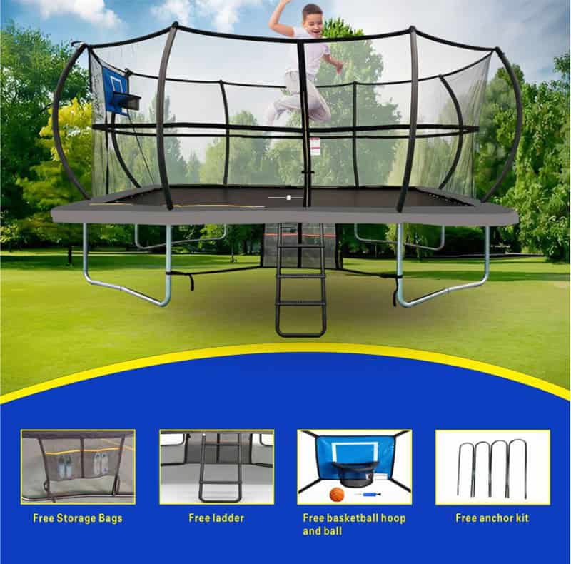8x12ft Rectangular Trampoline with Safety Enclosure Grey - Free Ladder Shoe Tidy Anchor Kit Basketball