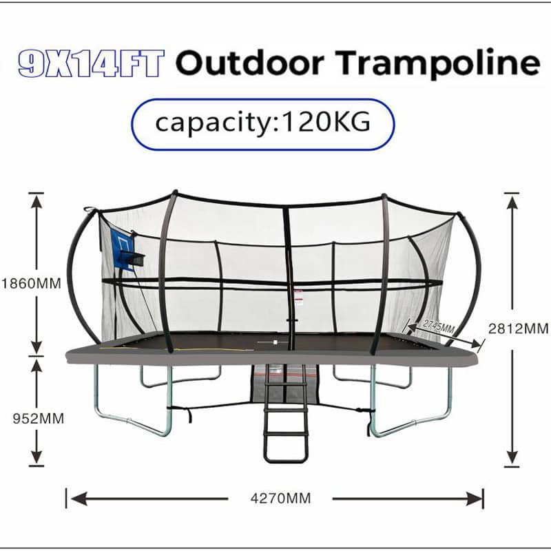9x14ft Rectangular Trampoline with Safety Enclosure Grey - Free Ladder Shoe Tidy Anchor Kit Basketball