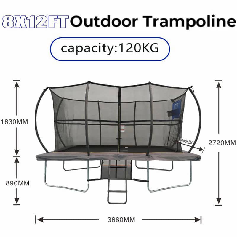 8x12ft Rectangular Trampoline with Safety Enclosure Grey - Free Ladder Shoe Tidy Anchor Kit Basketball