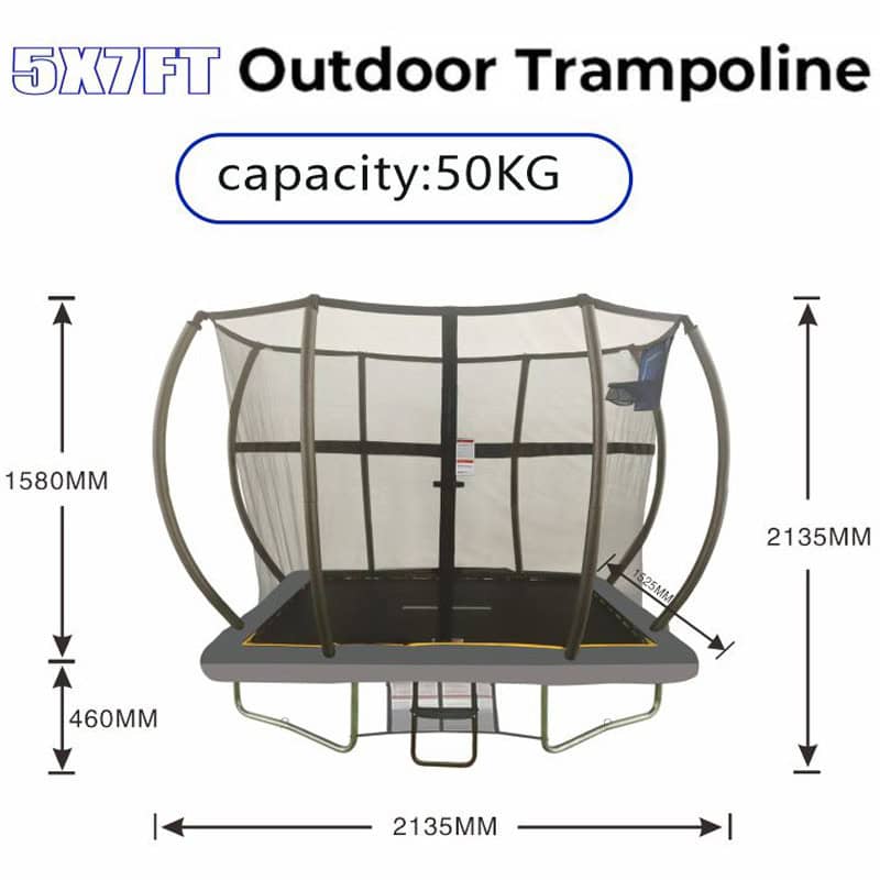 5x7ft Rectangular Trampoline with Safety Enclosure Grey - Free Ladder Shoe Tidy Anchor Kit Basketball