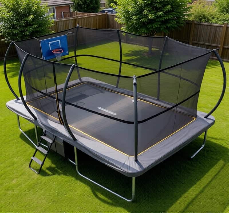 Big Air Super Bounce 8x12ft Rectangular Trampoline with Safety Enclosure Grey - Free Ladder Shoe Tidy Anchor Kit Basketball - Image 10