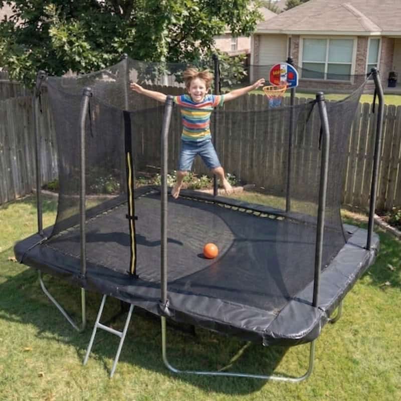 6x9ft Rectangular Trampoline with Safety Enclosure Black FREE Ladder Basketball Game & Shoe Tidy