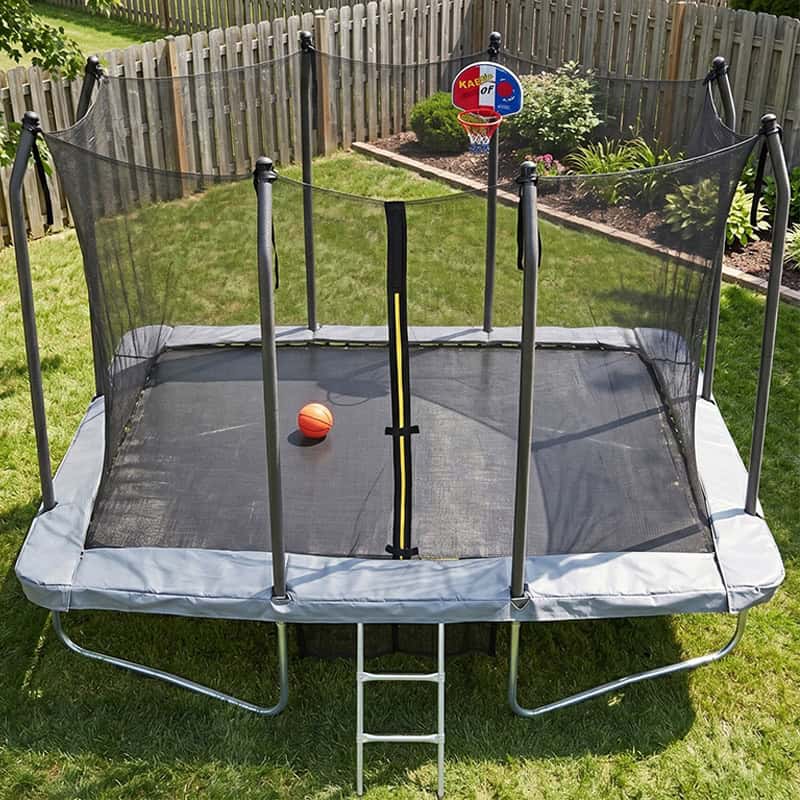 5x7ft Rectangular Trampoline with Safety Enclosure Grey FREE Ladder Basketball Game & Shoe Tidy