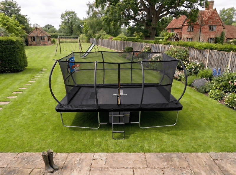 Big Air Super Bounce 10x17ft Rectangular Trampoline with Safety Enclosure Black - Free Ladder Shoe Tidy Anchor Kit Basketball