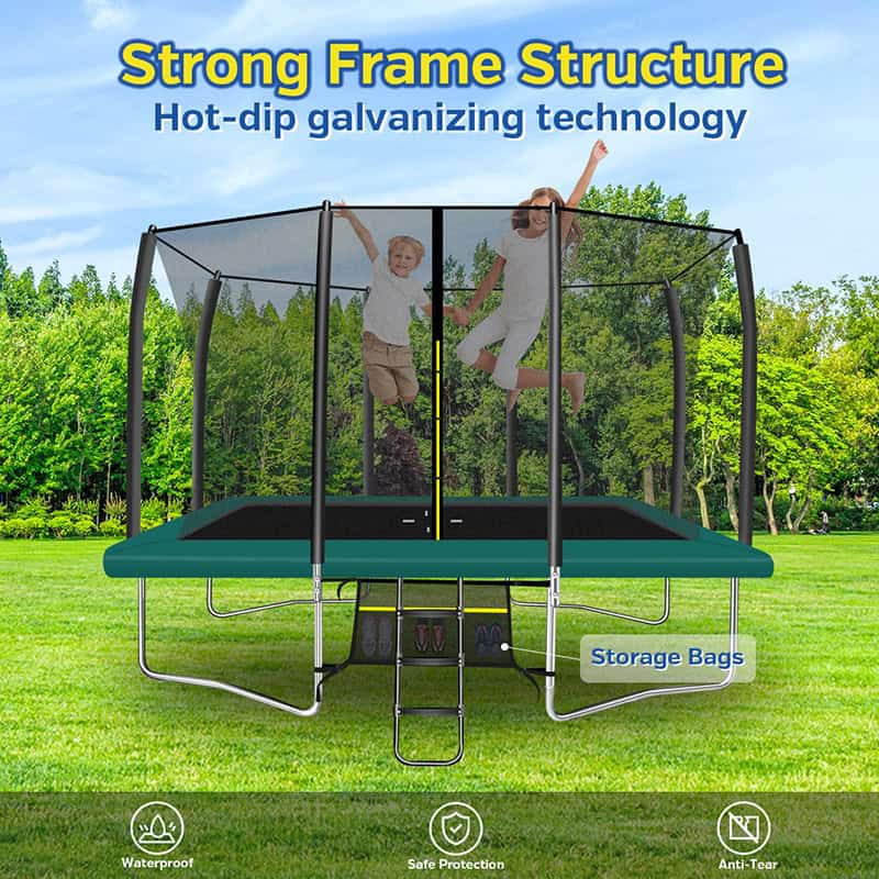 7x10ft Rectangular Trampoline with Safety Enclosure Green - Free Ladder & Shoe Tidy