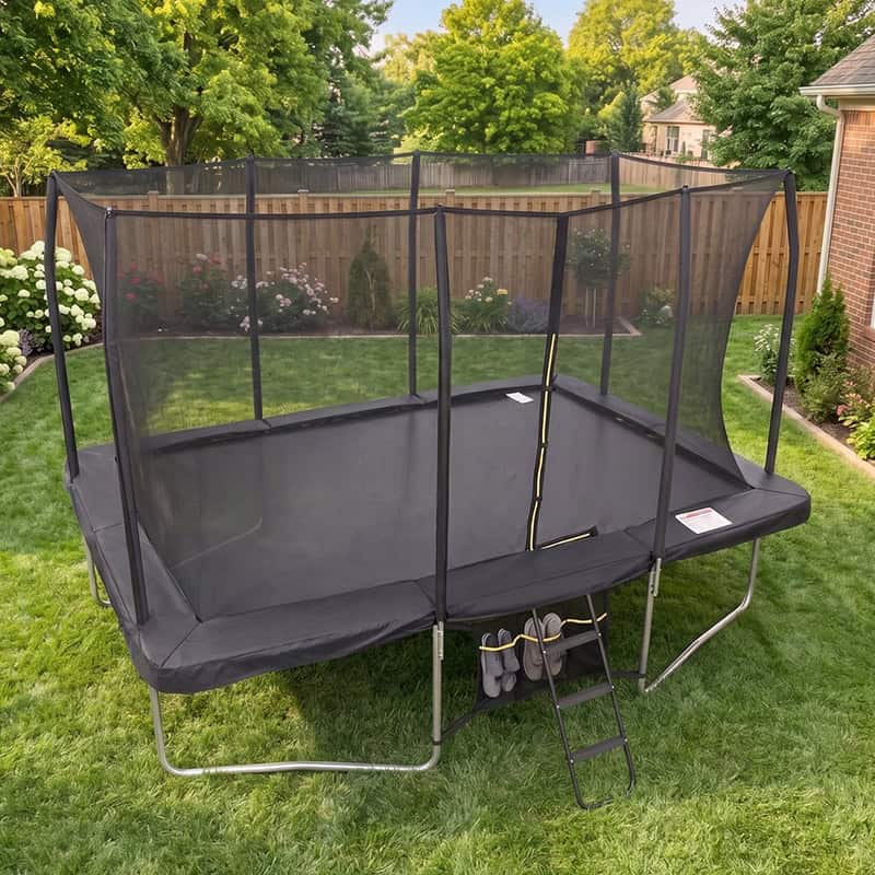 7x10ft Rectangular Trampoline with Safety Enclosure Black - Free Ladder & Shoe Tidy