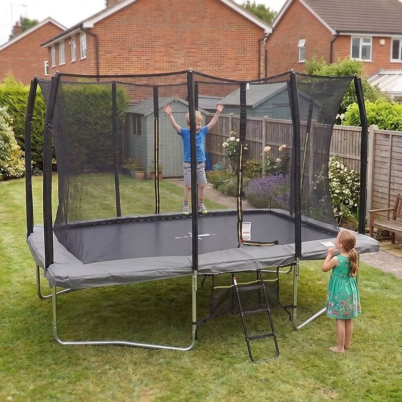 8x12ft Rectangular Trampoline with Safety Enclosure Grey – Free Ladder & Shoe Tidy