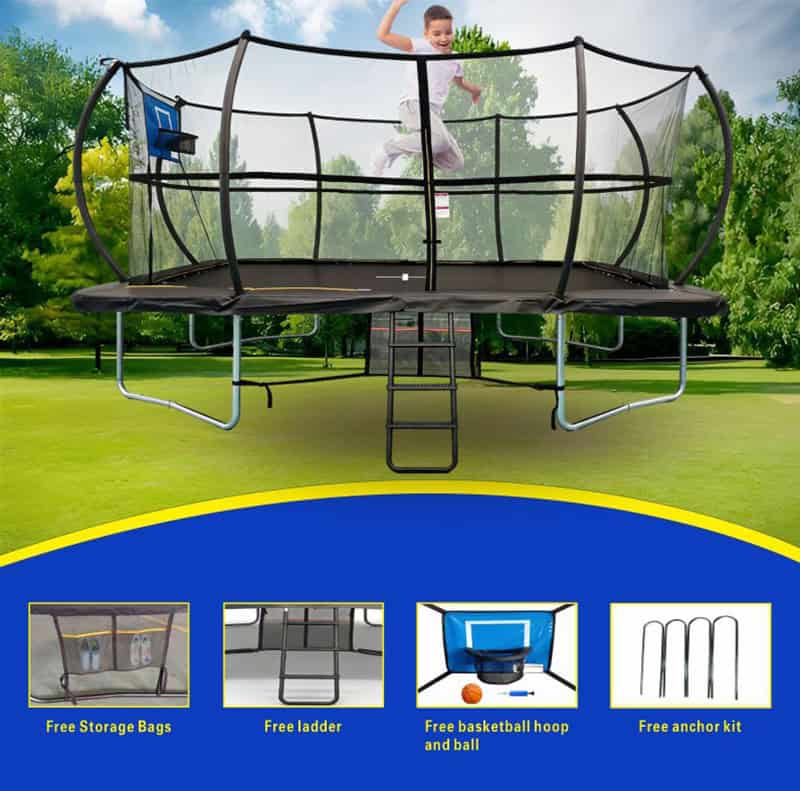 10x15ft Rectangular Trampoline with Safety Enclosure Black - Free Ladder Shoe Tidy Anchor Kit Basketball
