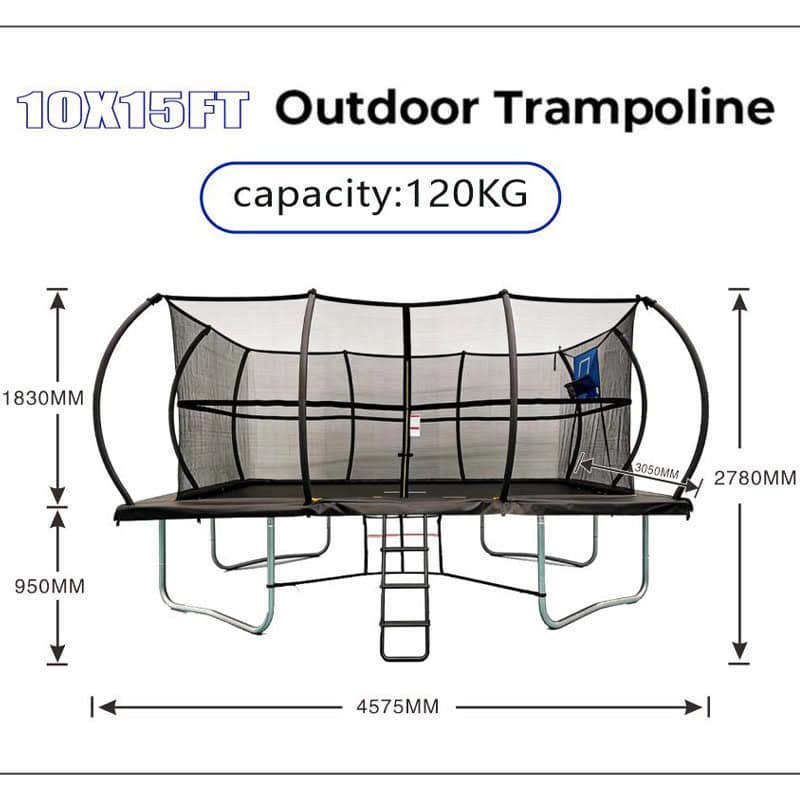 10x15ft Rectangular Trampoline with Safety Enclosure Black - Free Ladder Shoe Tidy Anchor Kit Basketball