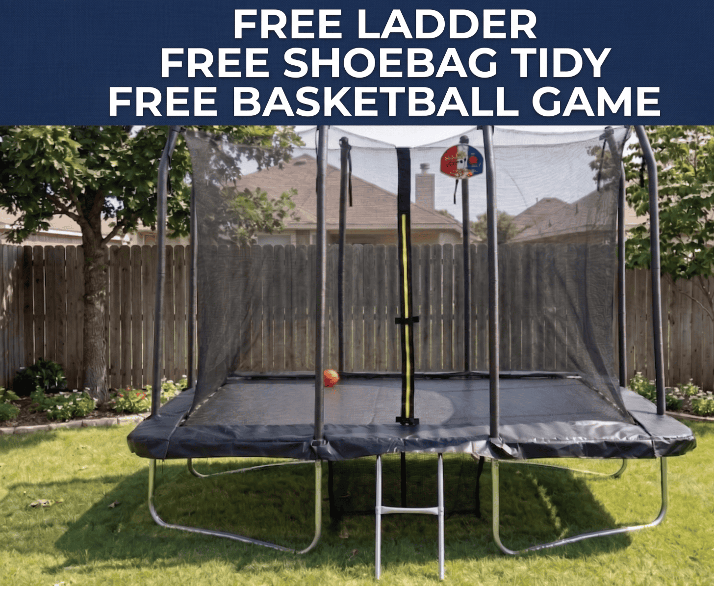 5x7ft Rectangular Trampoline with Safety Enclosure FREE Ladder Basketball Game & Shoe Tidy