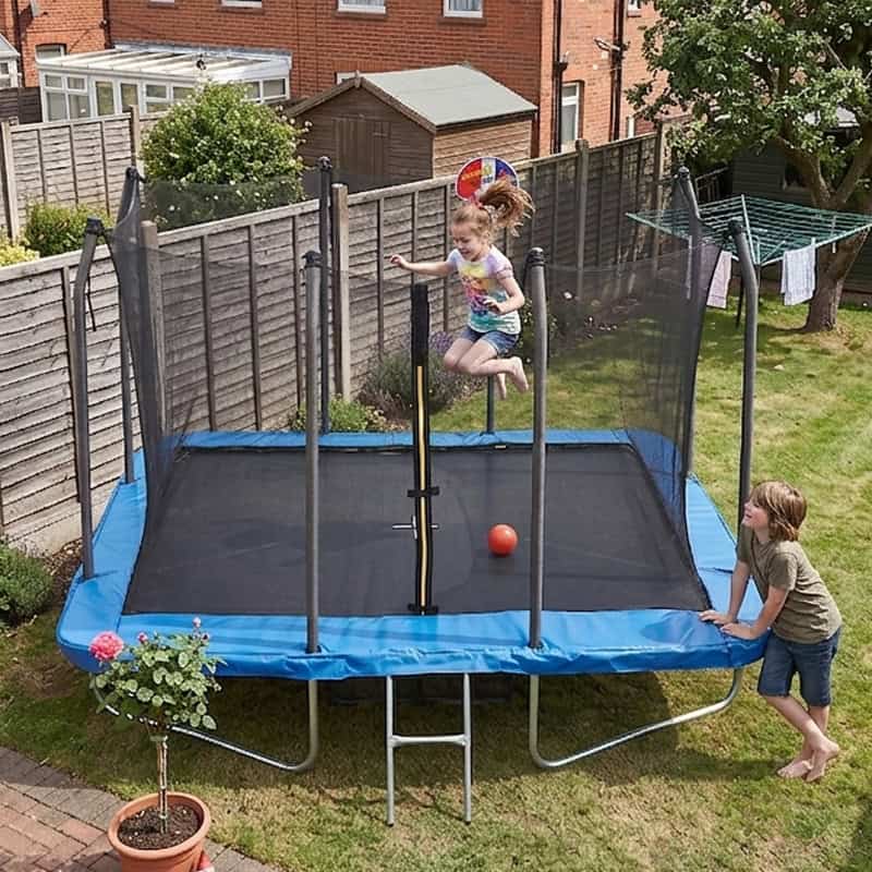 6x8ft Rectangular Trampoline with Safety Enclosure Blue FREE Ladder Basketball Game & Shoe Tidy