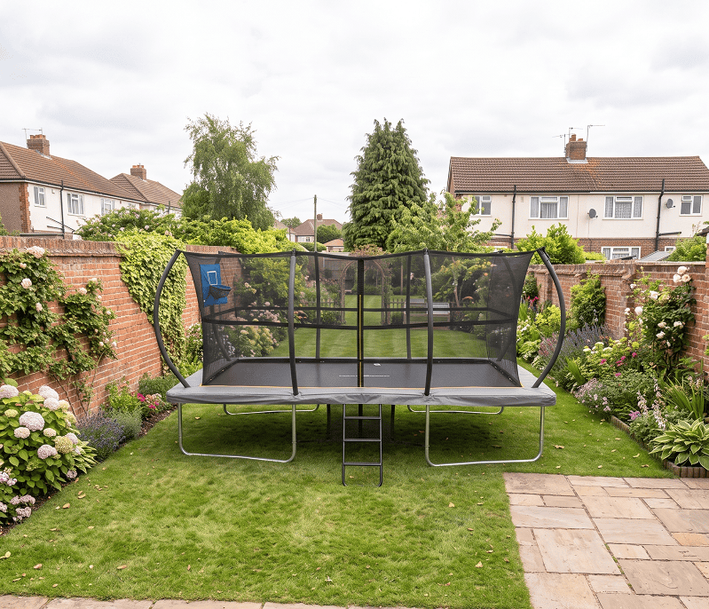 Big Air Super Bounce 9x14ft Rectangular Trampoline with Safety Enclosure Grey - Free Ladder Shoe Tidy Anchor Kit Basketball - Image 14