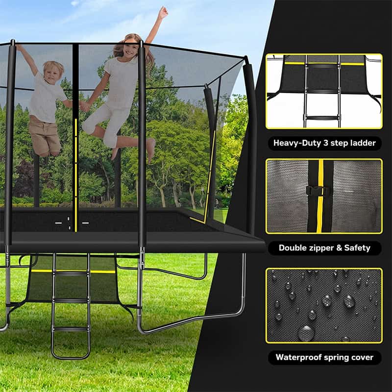 9x14ft Rectangular Trampoline with Safety Enclosure Black – Free Ladder & Shoe Tidy