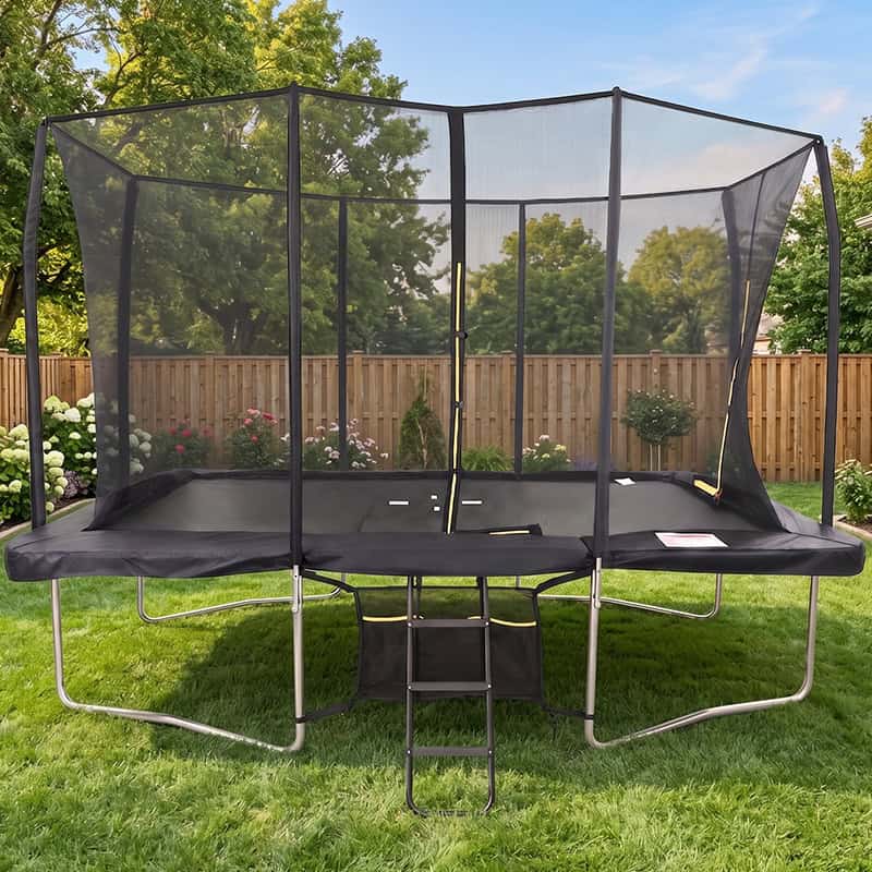 9x14ft Rectangular Trampoline with Safety Enclosure Black – Free Ladder & Shoe Tidy