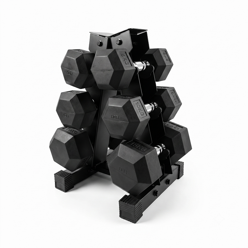 Ironman Rubber Coated Hex Dumbbell & 3 Tier Rack Set – 10kg, 15kg & 20kg Pairs